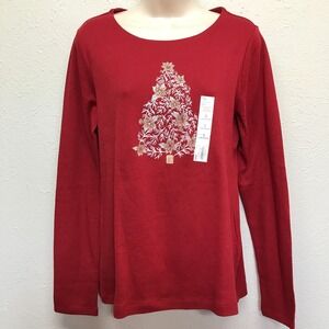 Croft & Barrow Holiday Shirt Womens S Red Poinsettia Tree Classic Long Sleeve